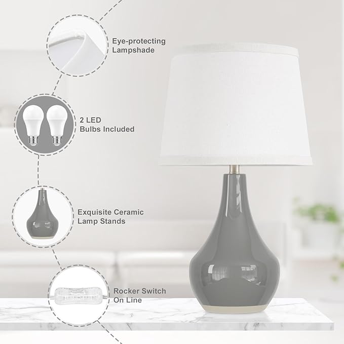 Seealle Modern Ceramic Table Lamps for Night Stands - Bedside Lamps Set of 2 for Nightstand, 19.4" Grey Bedroom Lamp for Living Room Cute Desk End Table Office Guest Room Dresser Rocker Swtich