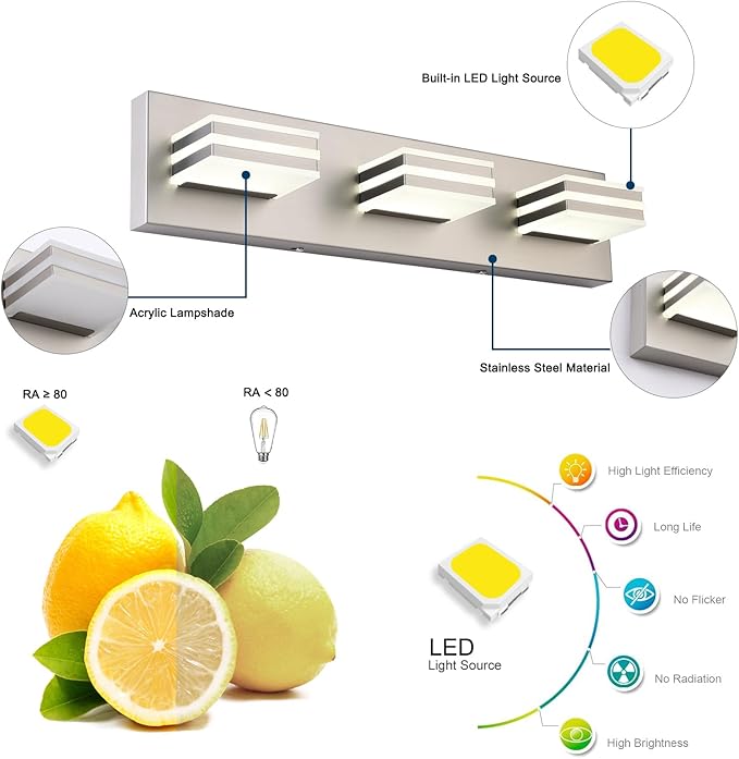 Brushed Nickel Vanity Lights for Bathroom Light Fixtures (3-Light, 20-Inch) Adjust 3 Colors Modern Bath Lighing Fixture Over Mirror LED Vanity Lighting