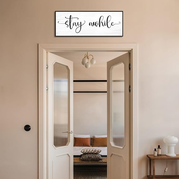 Stay Awhile Sign Wall Decor: 40''×15'' Farmhouse Kitchen Wall Art Print Rustic Framed Canvas Painting, Large Black Hanging Plaque for Dining Room Living Room Bedroom Home Decor