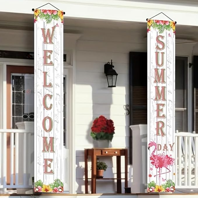 2pcs Welcome Summer Door Banner Hawaiian Flamingo Porch Banners Sign Sunshine Hibiscus Floral Front Door Hanging Decor Banner for Seasonal Home Hawaii Tropical Party Outdoor Decorations
