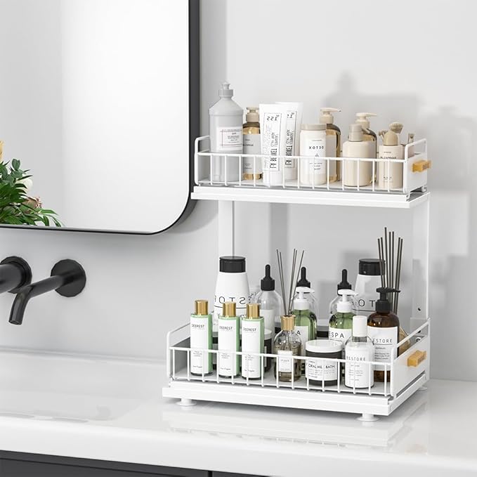 Under Sink Organizer Kitchen, Pull Out Cabinet Organizer 2 Tier Slide Out Sink Shelf Cabinet Storage Shelves, Under Sink Storage for Kitchen Bathroom Cabinet, White, 1 Pack