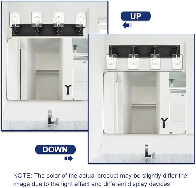 4-Lights Bathroom Vanity Light Fixtures, Black Modern Wall Lighting Over Mirror with Clear Glass Shade (E26 Bulb Base)