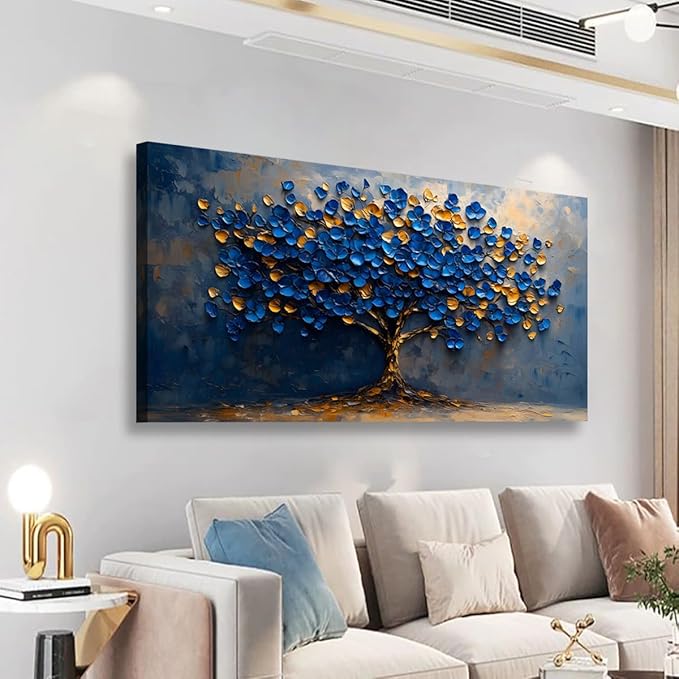 Abstract Tree Canvas Wall Art Bedroom Wall Decor Living Room,Tree of Life Wall Art Office Kitchen Paintings Artwork Modern Blue Yellow Leaves Pictures Art Prints Waterproof Ready to Hang-20x40inch
