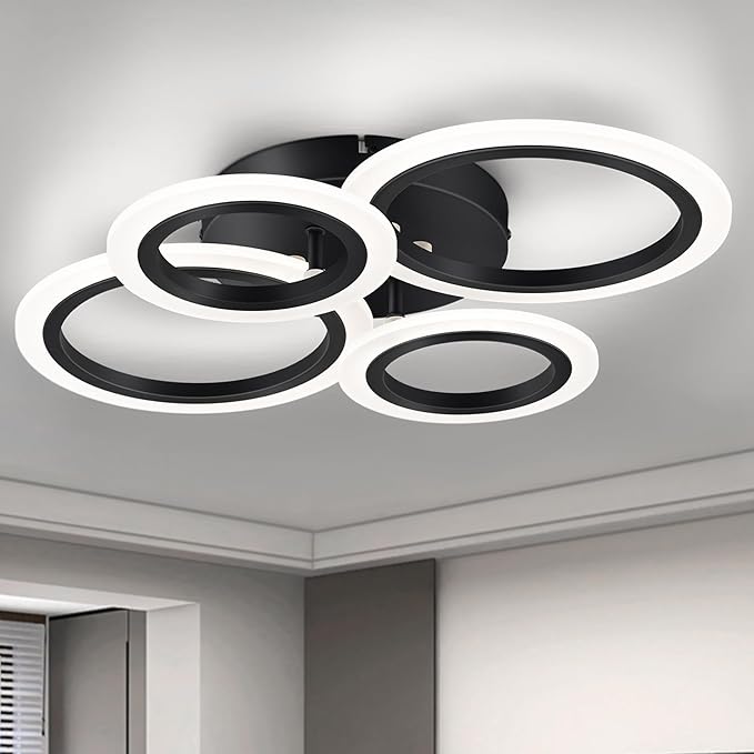 Modern LED Ceiling Light, Black 4 Rings Flush Mount Ceiling Light, 4000K Lighting Fixture Ceiling Lamp for Kitchen, Bedroom, Living Room, Laundry Room