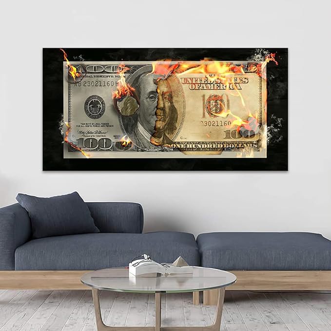 Abstract Creative Dollar Wall Art Burning 100 Bill Money Office Artwork Wall Decor HD Print Flame Dollar Work Art for Study Room Classroom Library Wall Decor Frame and Stretched Easy to Hang-40"Wx20"H