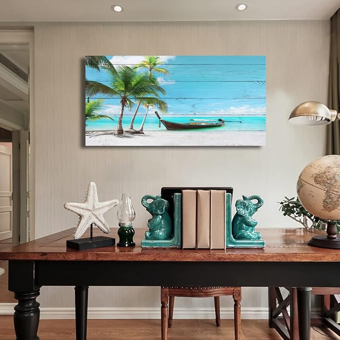 Beach Canvas Wall Art Seascape Pictures Home Decor Ocean Coconut Tree Sunset Poster Prints Paintings for Living Room Bathroom Bedroom Kitchen Office Decorations Natural Landscape Artwork 24x48inches