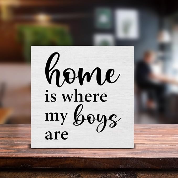 Home Is Where My Boys Are Wood Sign Family Quote Mom Gift Wooden Sign Decoration Home Living Room Bedroom Desk Shelf Table Decor 5 X 5 Inch