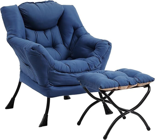 Lazy Chair with Ottoman, Modern Chair with Folding Footrest, Lounge Accent Chair, Comfortable Reading Chair (Royal Blue)