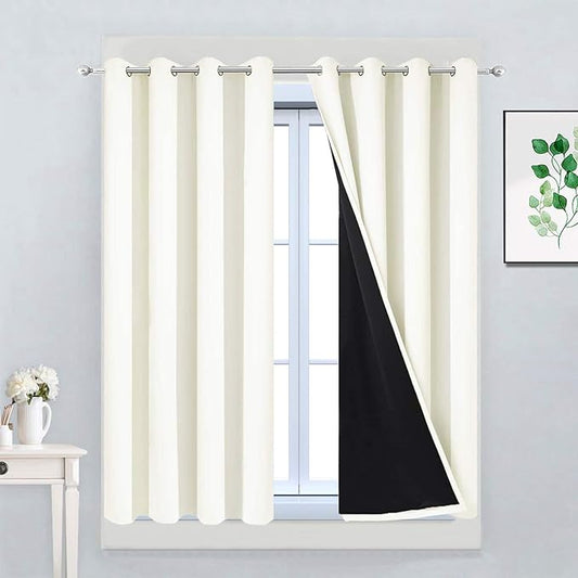 Yakamok 100% Blackout Curtains with Black Liners, Thermal Insulated, Noise Reduction, Soundproof, 2 Panels, 52"W x 63"L, Beige