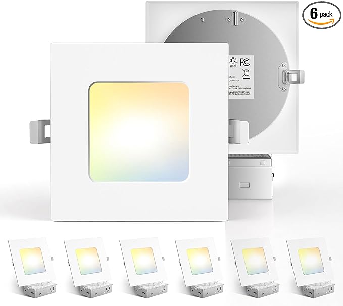 Amico 6 Pack 6 Inch Ultra-Thin LED Square Recessed Light with Junction Box, 5CCT 2700K/3000K/3500K/4000K/5000K Selectable, 1050LM Brightness, Dimmable Canless Wafer Downlight, 12W, ETL&FCC