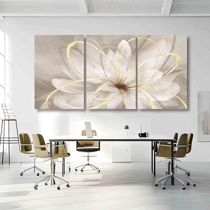 Kureful Large Pictures for Living Room Neutral Wall Art Artwork for Walls Canvas Art Gold Flowers Wall Decor for Girls Women Room Decor 24"x 36"x 3