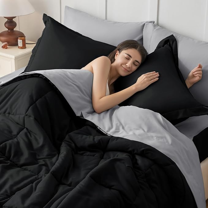 JOLLYVOGUE Full Comforter Set, Ultra-Soft Bed in a Bag Full Size 7 Pieces, Oeko-TEX Certified Bedding Set with Down Alternative Comforter, Sheets, Pillowcases & Shams, Black & Light Grey