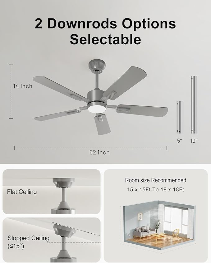 CubiCubi Ceiling Fans with Lights, 52 inch Ceiling Fan with light and Remote/APP Control, 3CCT, Dimmable, Quiet, Reversible, Modern Ceiling Fans for Indoor Bedroom, Living Room, Kitchen, Silver