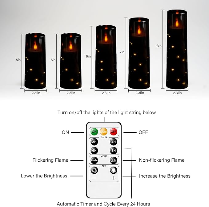 Flameless LED Candles with Timer 5 Pc Flickering Flameless Candles for Romantic Ambiance and Home Decoration Stable Acrylic Shell,with Embedded Star String,Battery Operated Candles（Grey）