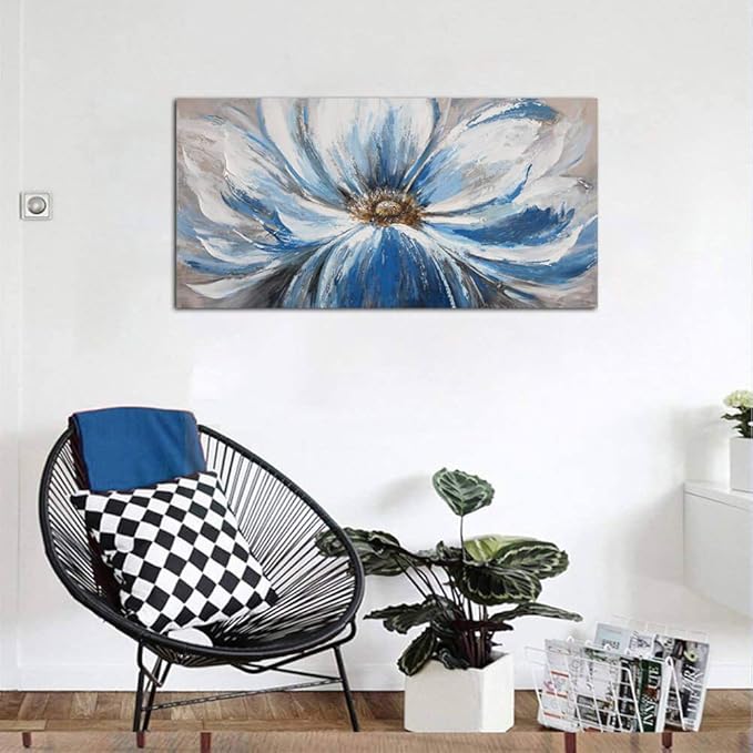 Flower Canvas Wall Art for Living Room Large White Blue Flower Picture Giclee Print Painting Wall Decor Framed Artwork Ready to Hang for Home Bedroom Wall Decoration Size 24x48