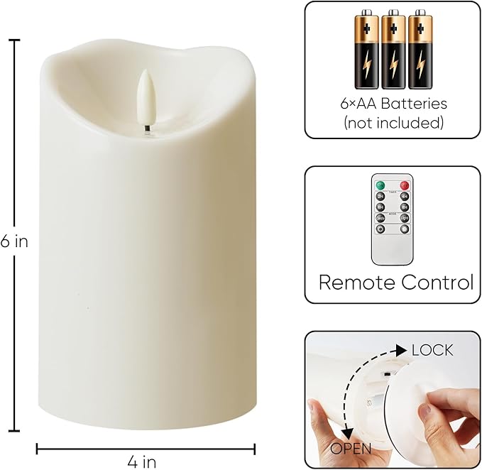 Homemory 4"x6" Outdoor Waterproof Flameless Candles with Timers and Remote Control, Battery Operated Candles, LED Plastic Candles, Ivory White, Set of 2