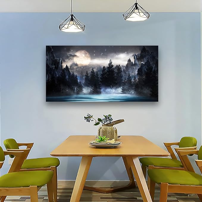 Mountain Moon Pictures Canvas Wall Art for Living room Office Bedroom Wall Decor,Moon Wall Art Print Paintings Modern Forest Nature Blue Lake Artwork Waterproof Ready to Hang-28X57 inch