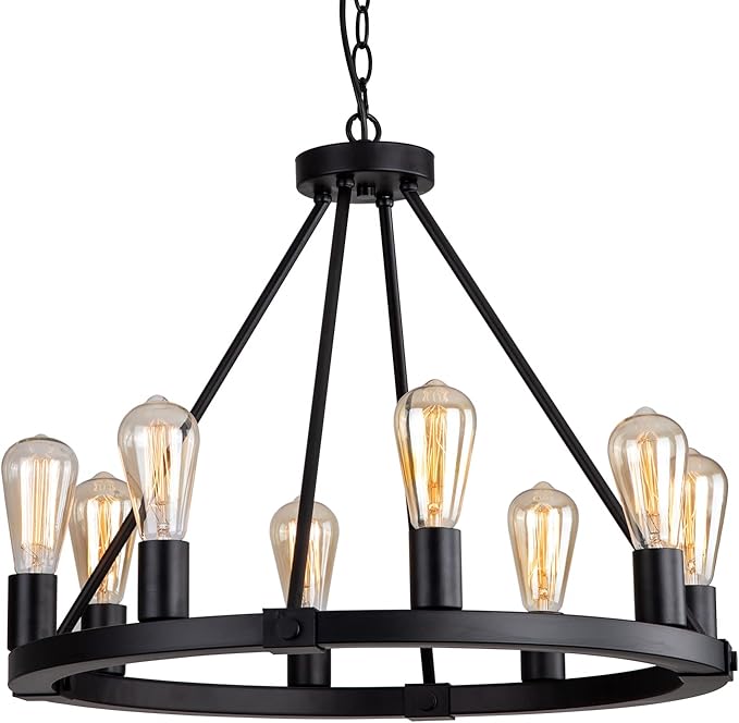 9MMML 23.6" 8 Lights Wagon Wheel Chandelier,Black Metal Round Industrial Vintage Kitchen Island Pendant Light for Living Dining Room Foyer Entryway,Height Adjustable,E26.