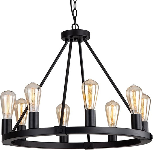 9MMML 23.6" 8 Lights Wagon Wheel Chandelier,Black Metal Round Industrial Vintage Kitchen Island Pendant Light for Living Dining Room Foyer Entryway,Height Adjustable,E26.