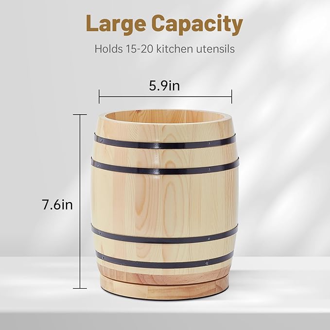 Natural Pine Wood 360° Rotating Wine Barrel Utensil Crock - Kitchen Countertop Organizer & Cooking Tool Holder, Rustic Farmhouse and Western Decor, Ideal Spoon/Spatula Storage, Kitchen Decor Accessory