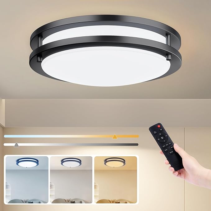 Kalium LED Ceiling Light with Remote 10 Inch Flush Mount Ceiling Light Fixture, 18W 3000K-6000K Adjustable Color Temperature, Dimmable Lighting Fixtures for Kitchen Bedroom. Hardwired