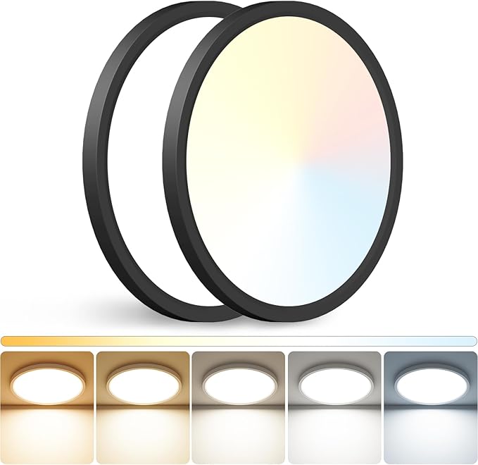 Peasur 12 inch LED Ceiling Light, 3000K/3500K/4000K/5000K/6500K Adjustable Flush Mount Light Fixture,3200LM 28W Thin Black Round Lamp for Hallway Kitchen Bathroom Bedroom, 2Pack