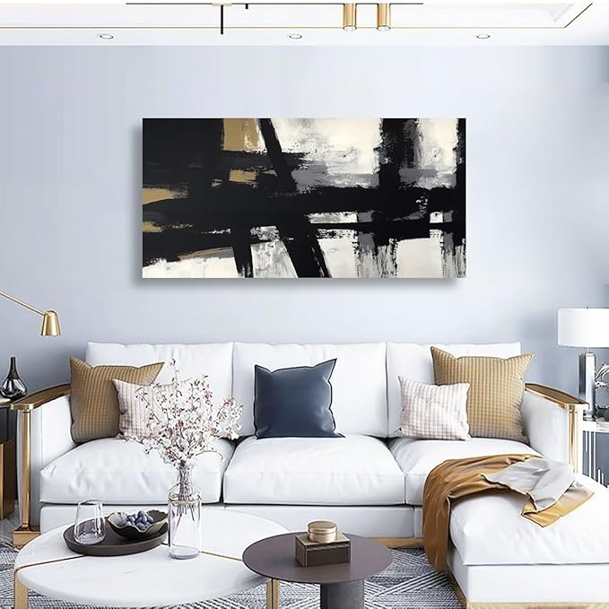 Black and White Abstract Pictures Canvas Wall Art for Living room Office Bedroom Wall Decor,Abstract Wall Art Print Paintings Modern Black Yellow Artwork Waterproof Ready to Hang-20x40inch