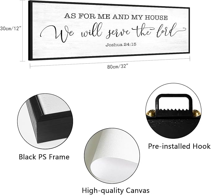 As for Me and My House We Will Serve the Lord Wall Decor: 32x12 Inch Framed Christian Bible Verse Sign Canvas Print Joshua 24:15 Scripture Art for Family Living Room Dining Room