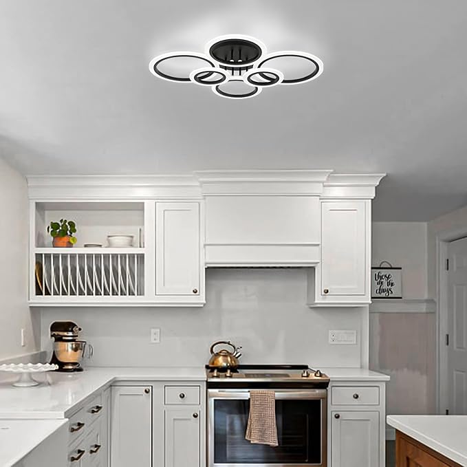 Modern LED Ceiling Light, Black 6 Rings Flush Mount Ceiling Light, 4000K Lighting Fixture Ceiling Lamp for Kitchen, Bedroom, Living Room, Laundry Room