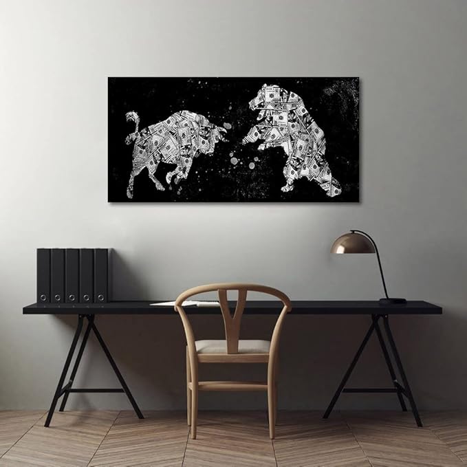 Motivational Office Wall Art Creative Bull & Bear Money Canvas Artwork Inspirational Wall Decor Black White Animal Print Modern Home Decorations for Guest Room Rest Room, Framed 40x20 inches