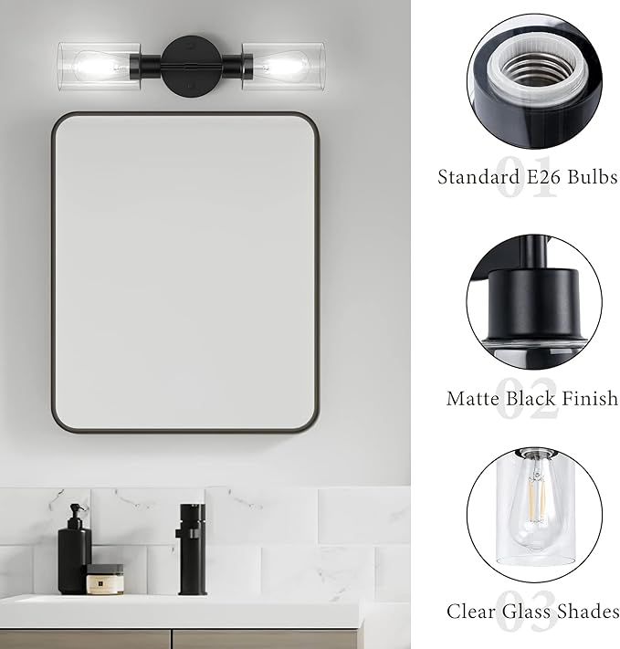 Espird Bathroom Light Fixtures 2 Light Black, Bathroom Vanity Lights Over Mirror, Bathroom Sconces Wall Lighting，Farmhouse Matte Black Bathroom Vanity Light, Modern Vanity Lights with Clear Shades