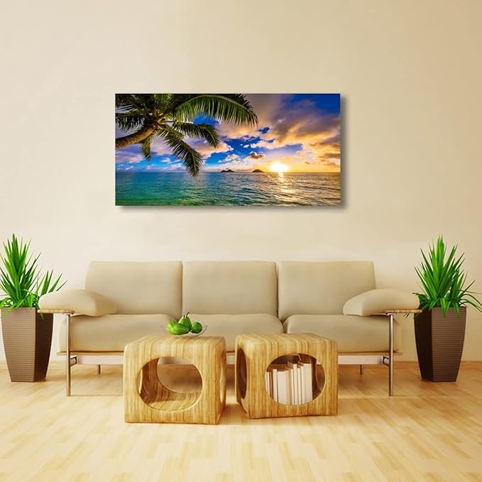 Seascape Sunset Pictures Canvas Wall Art For Living Room Bedroom Wall Decor,Palm Wall Art Print Paitnings For Home Decor,Morden Artwork Coconut Tree Canvas Art Waterproof Ready To Hang-20X40Inches