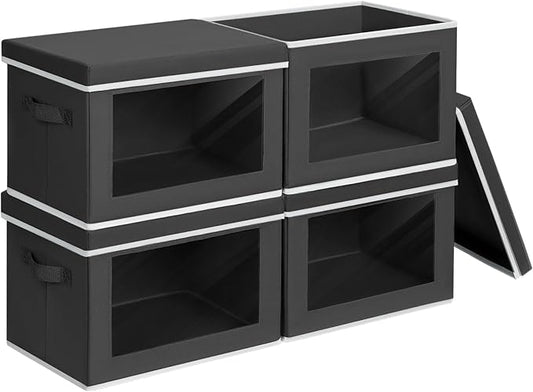 Storage Boxes with Lids - 4 Pack Fabric Clear Window Storage Bins, Large Decorative Storage Bins with Handles, Linen Closet Organizer for Clothes, Towel, Blanket, Black