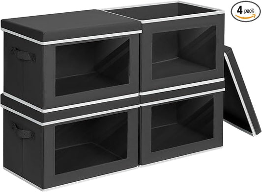 Foldable Storage Box with Lid - Closet Storage Organizer with Window, Storage Bins with Lids for Clothes, Fabric Storage Baskets for Shelves, Bedroom, Dorm, Black, 4 Pack