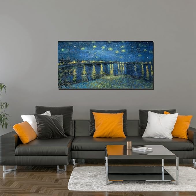 Large Artwork Starry Night Over the Rhone Van Gogh Girls Room Wall Art Famous Painting Canvas Print Blue Poster for Dining Room Hallway Office Wall Decor Framed 20x40inch