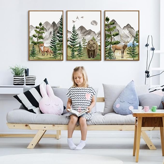 CHDITB Watercolor Forest Animal Nursery Wall Art, Framed Canvas Mountain Wall Decor, Nature Woodland Landscape Wall Painting, Fox Bear Deer Art Prints for Baby Bedroom, Living Room - 16"x24"x3