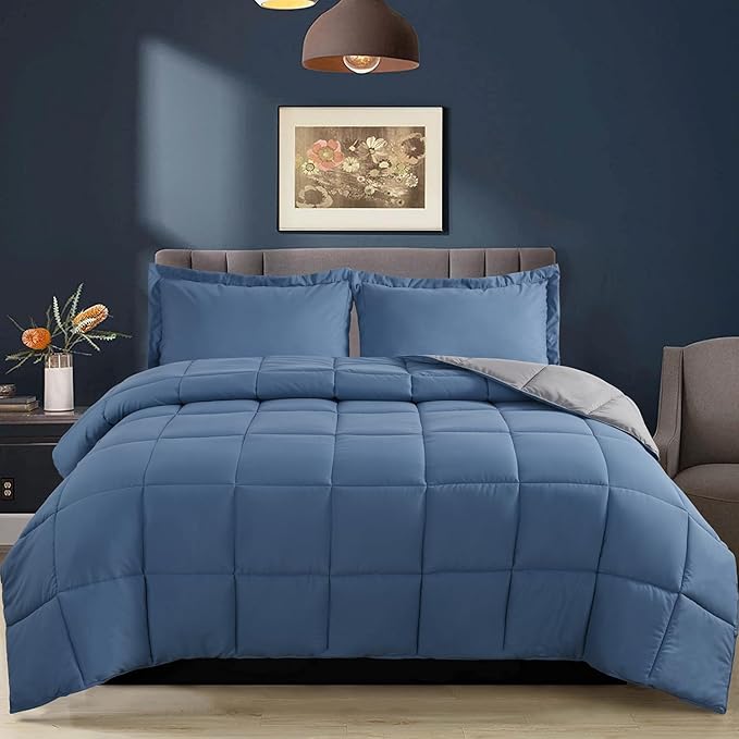 HIG 3pc Dusty Blue King Size Comforter Set - All Season Reversible Down Alternative Comforter with Sham - Quilted Duvet Insert with Corner Tabs - Box Stitched Blanket - Breathable, Soft, Fluffy