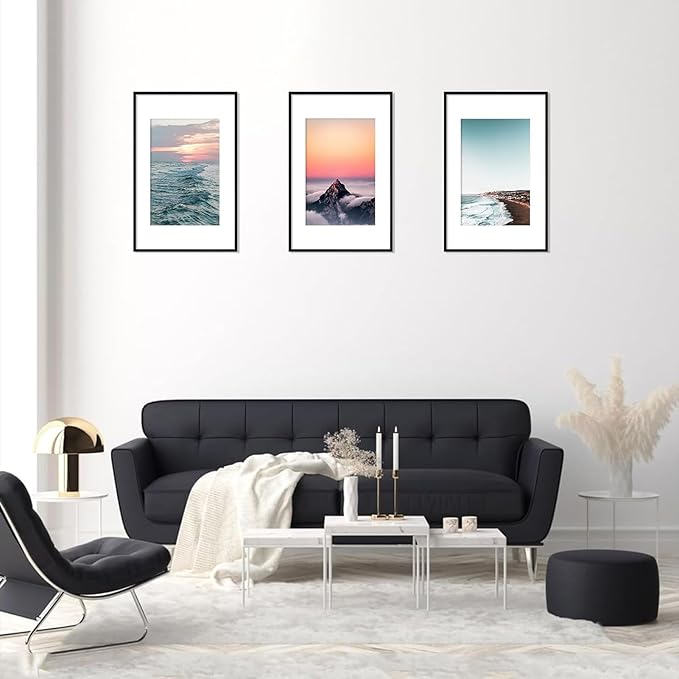 Vittanly 11x17 Poster Frame Set of 3, Display Picture 8x12 with Mat or 11x17 without Mat, Plexiglass, Wall Gallery Frame for Artwork, Black