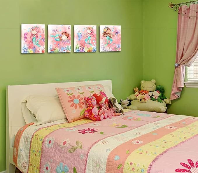 Mermaid Wall Art,Mermaid Pictures Wall Decor,Pink Ocean Canvas Prints Painting,Cute Watercolor Framed Artwork for Bathroom Girls Bedroom Living Room Home Decoration Set of 4(8"X10")