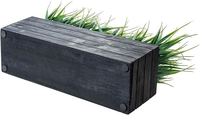 MyGift 14 Inch Artificial Green Grass Plant in Vintage Black Wood Planter Window Box, Faux Greenery in Decorative Rectangular Crate Style Wooden Container