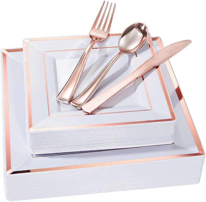 WDF 125pcs Rose Gold Plates with Disposable Silverware - Plastic Plates Dinnerware Include 25Dinner Plates,25 Salad Plates,25 Forks,25 Knives,25 Spoons for Wedding, Party