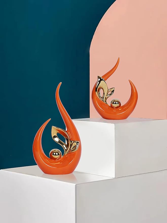 2 PCS Orange & Gold Mid Century Modern Decor Ceramic Statue - Dining Table Decorations & Centerpieces for Tables, Entryway, Kitchen, Shelf, Bookshelf