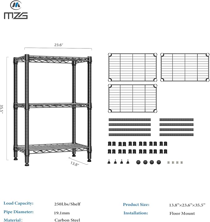 750 lbs 3 Tier Shelf Metal Storage Shelves Shelving Wire Rack Heavy Duty Closet Organizers for Garage Kitchen Bathroom Laundry Black 13.8" D x 23.6" W x 35.5" H