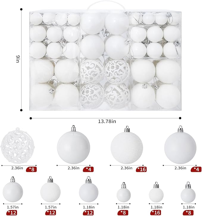 Christmas Balls Tree Ornaments, Shatterproof Christmas Decorations Set with Reusable Hand-held Gift Package for Holiday Xmas Tree Decor(White)
