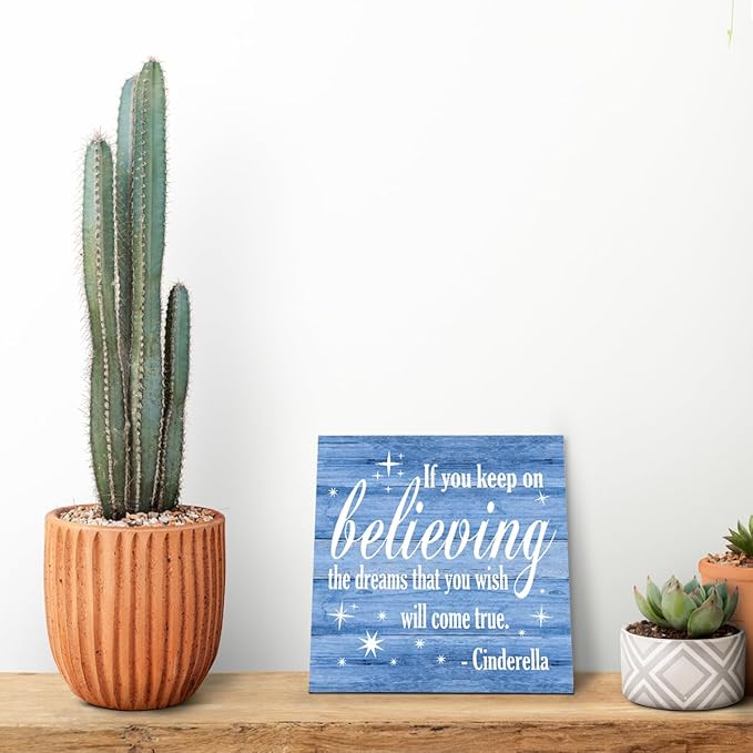 Nursery Decor, Inspirational Sign, Wood Plaque Table Art Sign 6.2*6.2inch, Princess Shelf Decor, Bedroom Decorate for Baby Girl, Cute Decorate, If You Keep On Believing The Dreams You Wish Will Come True D