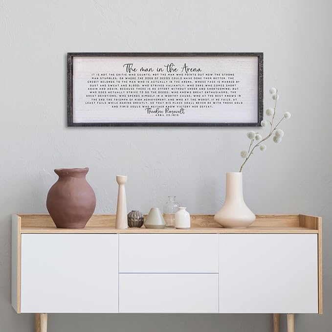 Surfapans The Man In The Arena Wall Decor 40"x15" Morden Office Motivational Wood Framed Sign For Men Large Farmhouse Living Room Inspirational Quotes Positive Speech Home Wall Decoration (Black)