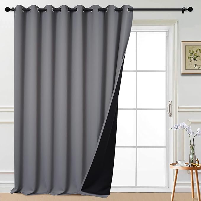 Yakamok 100% Blackout Thermal Insulated Grommet Curtains, Noise Reducing Barrier Panel for Sliding Glass Door, 2 Thick Layers Heat Full Light Blocking Patio Door Drapery, Grey, W100 x L108, 1 Panel