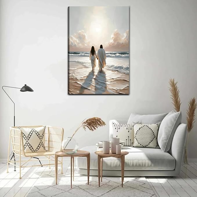 Jesus and Woman Walking on Water Canvas Wall Art Religious Coastal Wall decor pictures Christian Painting poster prints for living room bedroom Home Decoration Ready to hang (16inx24in Canvas)