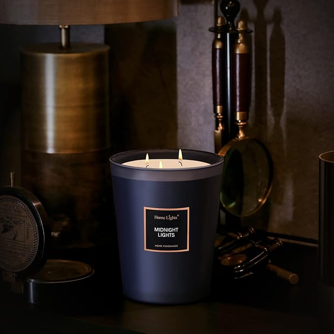 HomeLights Highly Scented Soy Candles Big 33.3 oz for Home. 3 Cotton Wicks, Smokeless Long Lasting 130 hrs in Midnight Lights. 5x6, Great Gift for Women & Men