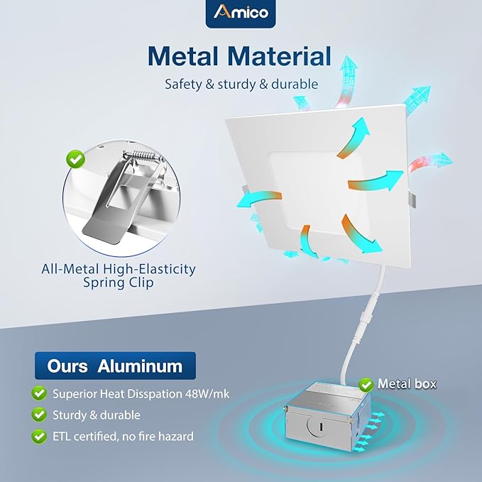 Amico 6 Pack 6 Inch Ultra-Thin LED Square Recessed Light with Junction Box, 5CCT 2700K/3000K/3500K/4000K/5000K Selectable, 1050LM Brightness, Dimmable Canless Wafer Downlight, 12W, ETL&FCC